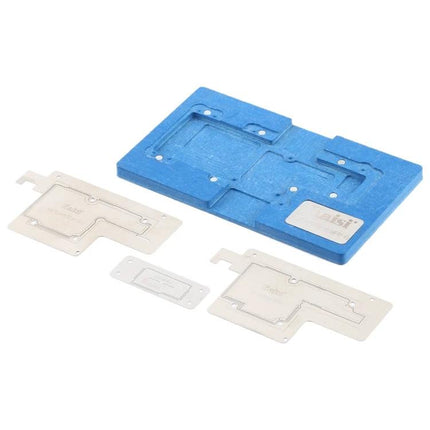 Kaisi Precision Stencil for iPhone X, XS, and XS Max Repairs showing metal stencils and blue alignment tray for precise component soldering