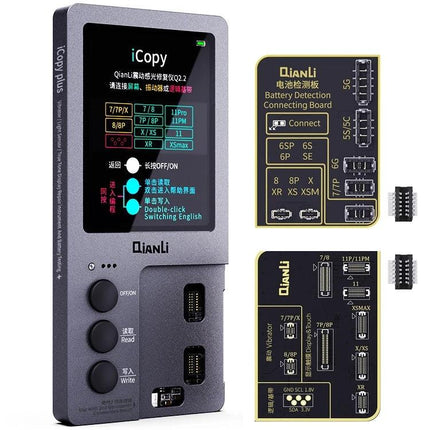 Qianli iCopy Plus Repair Tool for iPhone Screen Color Restoration – handheld device with adapter boards for color/data transfer
