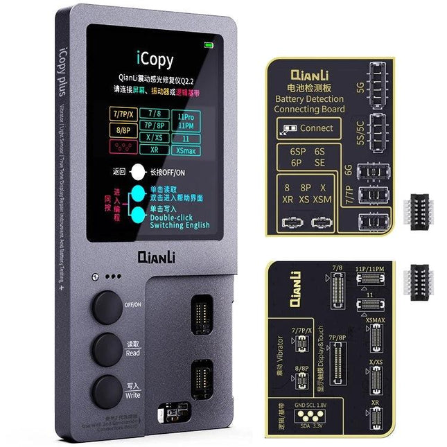 Qianli iCopy Plus Repair Tool for iPhone Screen Color Restoration – handheld device with adapter boards for color/data transfer