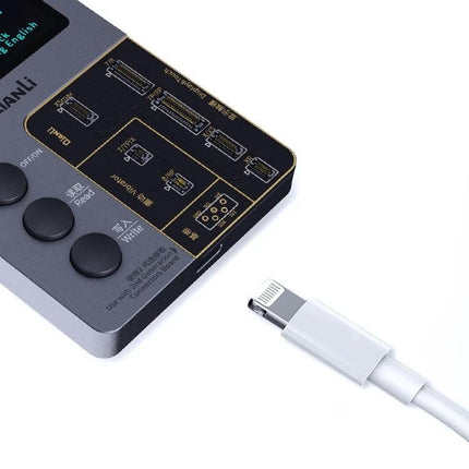 Qianli iCopy Plus Repair Tool for iPhone Screen Color Restoration shown connected to a Lightning cable for screen data transfer