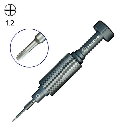 Mechanic Mortar Mini iShell Phillips 1.2mm Precision Screwdriver for Electronics showing tip, knurled handle, and noise-reduction bearing