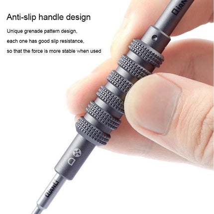 Qianli Torx Screwdriver for Smartphone and Gadget Repair showing anti-slip knurled handle gripped between fingers for precise device repair
