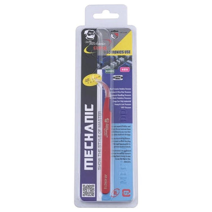 Mechanic Curved Tweezers for Precision Repair and Assembly packaged red-handle curved tweezers for electronics and delicate component work