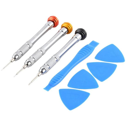 Professional 8-in-1 Repair Tool Set for Electronic Devices showing precision screwdrivers and blue pry tools for smartphone tablet laptop repairs