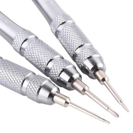 Professional 8-in-1 Repair Tool Set for Electronic Devices - close-up of three precision screwdrivers for smartphone tablet laptop repairs