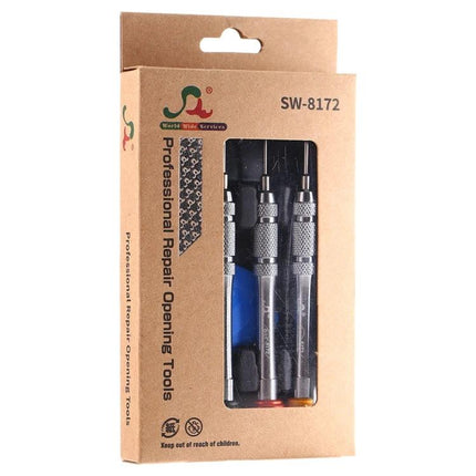 Professional 8-in-1 Repair Tool Set for Electronic Devices in cardboard packaging showing three precision screwdrivers and pry tool