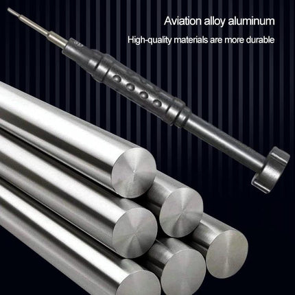 Non-Slip Torx T2 Screwdriver for Device and Toy Repair showing compact non-slip handle and Torx T2 bit against aviation alloy aluminum rods
