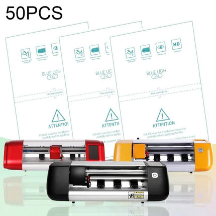 Anti-Blue Ray TPU Film Set for Screen Eye Protection, 50 Pieces - pack of 50 blue light protective screen films displayed with cutting machines