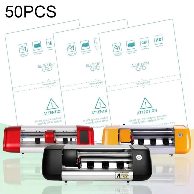 Anti-Blue Ray TPU Film Set for Screen Eye Protection, 50 Pieces - pack of 50 blue light protective screen films displayed with cutting machines