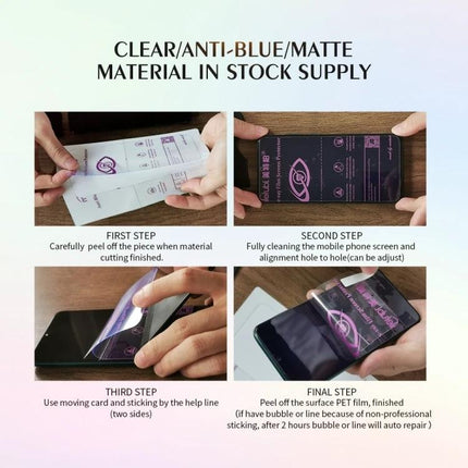Anti-Blue Ray TPU Film Set for Screen Eye Protection, 50 Pieces - step-by-step application on smartphone to reduce blue light and eye strain