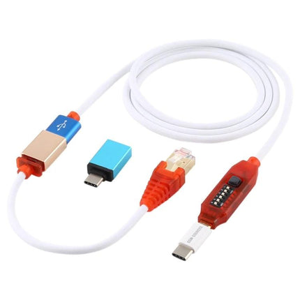 Versatile All-in-One Boot Cable for GSM Device Repair shown with USB-C, USB adapters and RJ45 connector for flashing, charging and data transfer