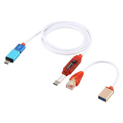 Versatile All-in-One Boot Cable for GSM Device Repair – white multi-function boot cable with USB, Type-C, RJ45 and mode switch for flashing and charging