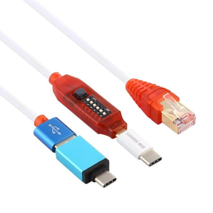 Versatile All-in-One Boot Cable for GSM Device Repair showing USB-C, RJ45 and switchable boot module for flashing and charging