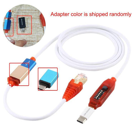 Versatile All-in-One Boot Cable for GSM Device Repair USB-C to RJ45 boot cable with switchable adapters and visible circuit module
