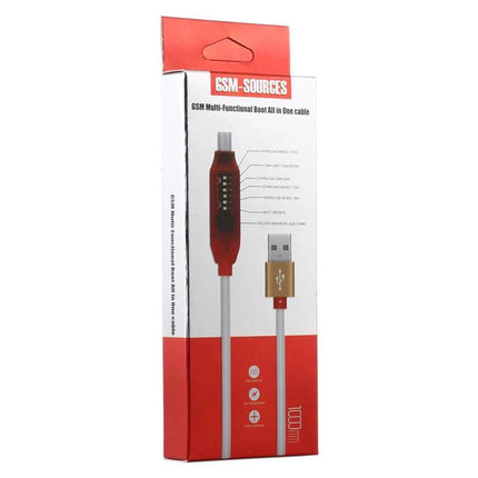 Versatile All-in-One Boot Cable for GSM Device Repair in retail packaging showing USB and micro USB connectors