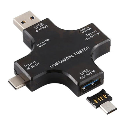 Multifunctional USB Safety Tester for Monitoring Charging Devices - compact USB digital tester showing Type-C, Micro USB and USB ports for voltage/current checks