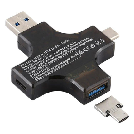 Multifunctional USB Safety Tester for Monitoring Charging Devices compact USB digital tester showing USB-A, USB-C and Micro-USB ports and display