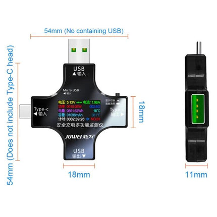 Multifunctional USB Safety Tester for Monitoring Charging Devices compact cross-shaped USB tester showing screen, dimensions and Type-C/Micro USB ports