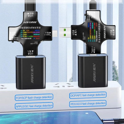 Multifunctional USB Safety Tester for Monitoring Charging Devices compact USB tester showing voltage and current readings while plugged into charger