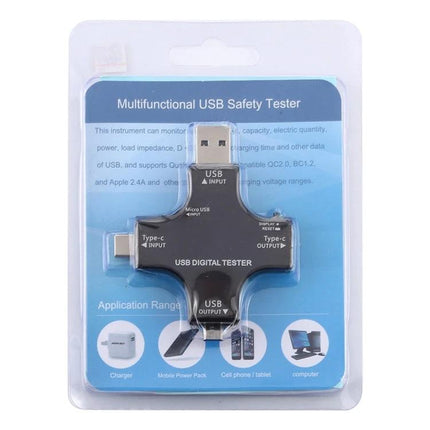 Multifunctional USB Safety Tester for Monitoring Charging Devices - compact USB digital tester showing USB, Type-C ports in retail packaging