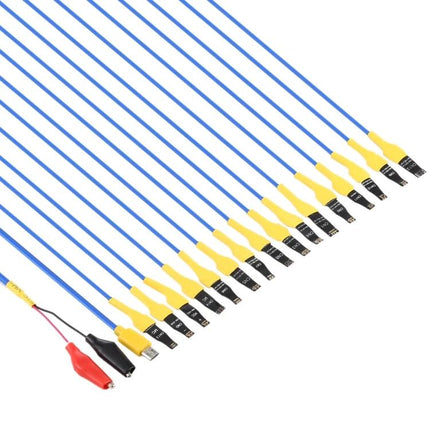 Mechanic iBoot Mini Cable for Android Charging Devices - row of blue charging cables with yellow connectors and alligator clips for safe booting and charging