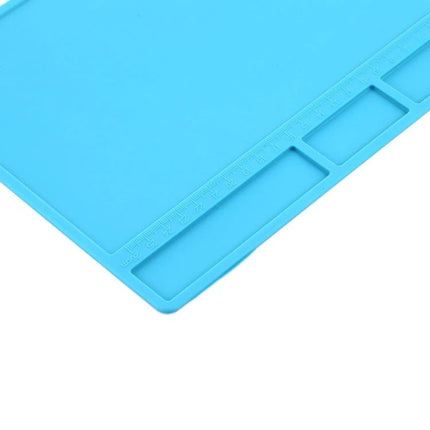 Insulation Heat-Resistant ESD Mat for Repair Work, 28 x 20 cm - blue silicone mat with ruler and component organizing pockets