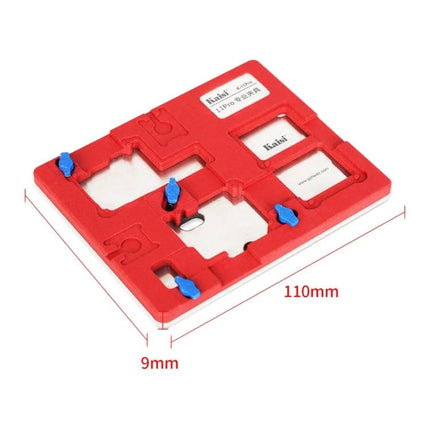 Kaisi K-11PRO Clamp for iPhone 11 Pro Motherboard Maintenance - red PCB holder with adjustable blue clamps, 110mm x 9mm precision repair jig