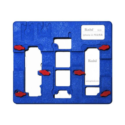 Kaisi K-11 Clamp for iPhone 11 Motherboard Maintenance - blue high-temp resistant clamp holding iPhone 11 motherboard during chip removal
