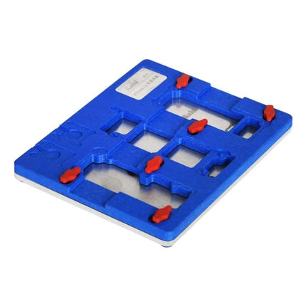 Kaisi K-11 Clamp for iPhone 11 Motherboard Maintenance - blue PCB holder with red clips for secure chip removal and glue extraction