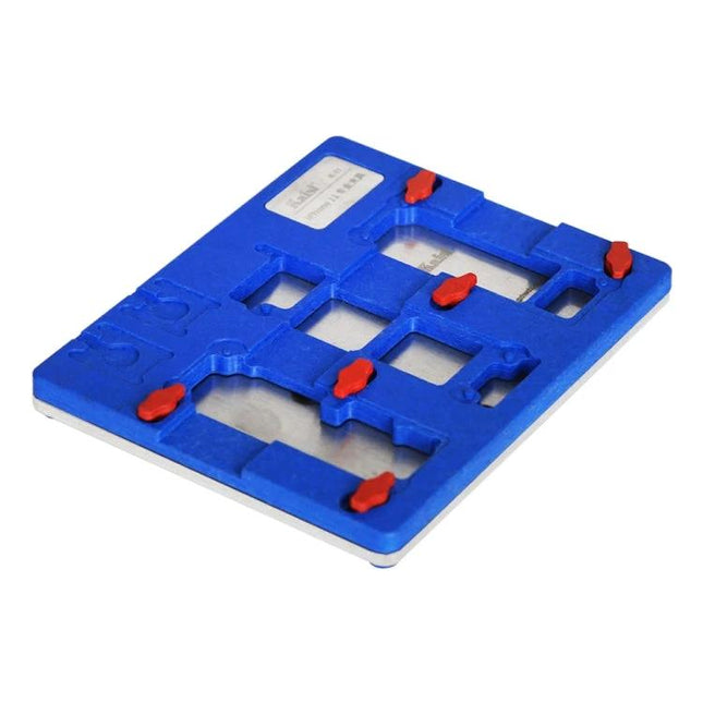 Kaisi K-11 Clamp for iPhone 11 Motherboard Maintenance - blue PCB holder with red clips for secure chip removal and glue extraction