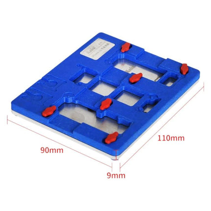 Kaisi K-11 Clamp for iPhone 11 Motherboard Maintenance blue clamp jig with red fasteners and dimensions 110mm x 90mm