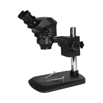 Professional Stereo Binocular Microscope for Science and Lab Use showing black binocular head on adjustable stand with specimen stage and tweezers