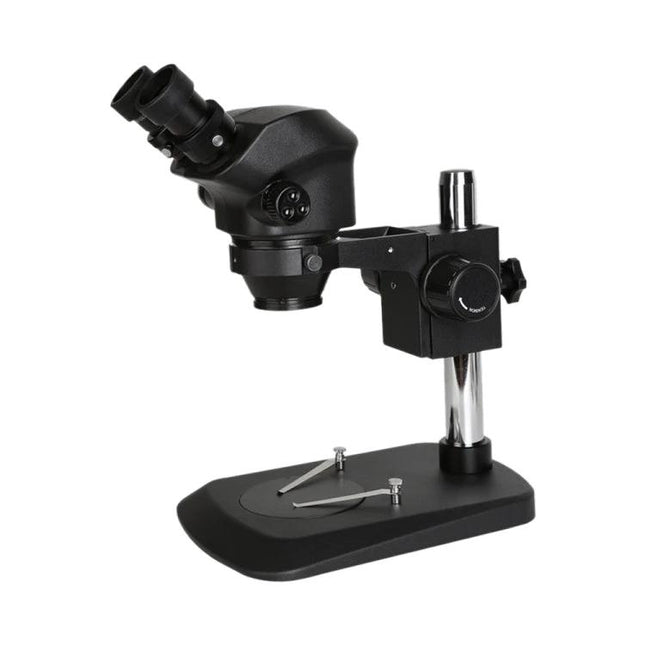 Professional Stereo Binocular Microscope for Science and Lab Use showing black binocular head on adjustable stand with specimen stage and tweezers