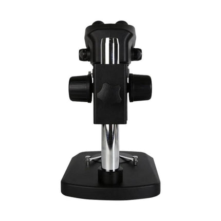 Professional Stereo Binocular Microscope for Science and Lab Use front view on adjustable stand showing focus and height controls