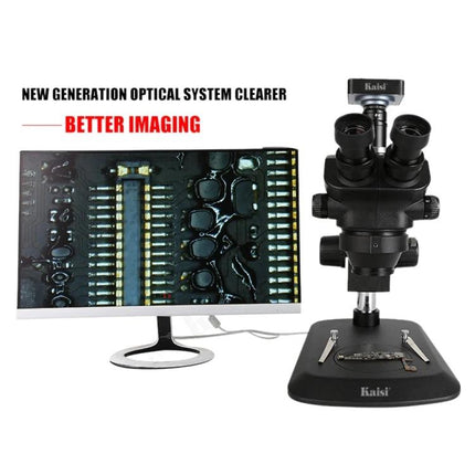 Kaisi Trinocular Microscope for Educational and Scientific Use showing trinocular head beside monitor with high-resolution circuit board image