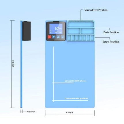 CPB Heating Pad for LCD Screen Repairs with US Plug shown with digital control, parts and screw organizer, and dimensions for phones and tablets