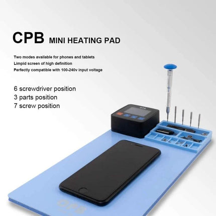 CPB Heating Pad for LCD Screen Repairs with US Plug on blue work mat showing phone, control unit and screwdriver set