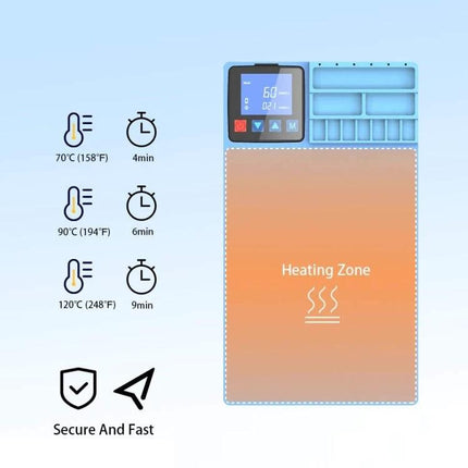 CPB Heating Pad for LCD Screen Repairs with US Plug – digital controller, heating zone mat and recommended temps/times for safe screen removal