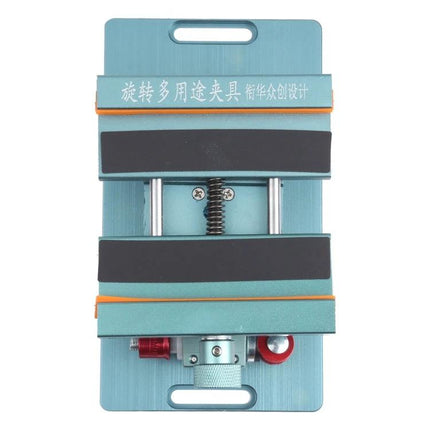 XHZC Rotating PCB Fixture for Mobile Phone Mainboard Repairs - teal rotating clamp holding smartphone motherboard for precise soldering