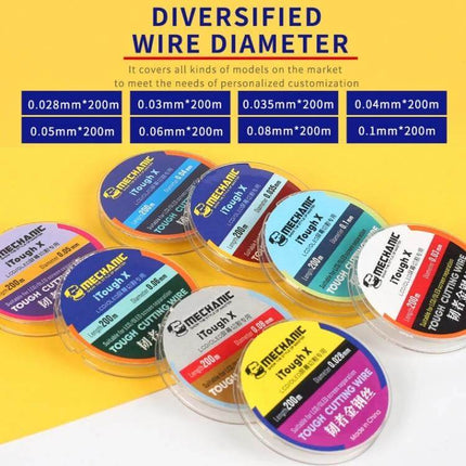 Mechanic Tough Cutting Wire For LCD OLED Screens, 200M superfine diamond wire spool showing multiple diameter options for panel separation