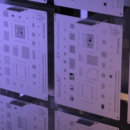 Qianli Bumblebee Stencils for iPhone 7 and 7 Plus Repair showing square-hole PCB stencil for precise IC and BGA component placement