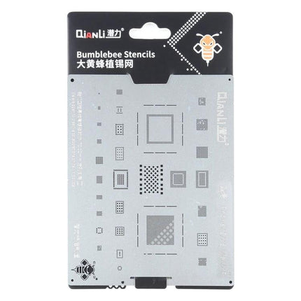 QIANLI Bumblebee Stencil for iPhone XR, XS, and XS Max Repairs stainless steel stencil showing various IC/BGA patterns for precise component placement