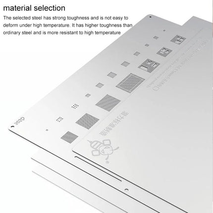 QIANLI Bumblebee Stencil for iPhone XR, XS, and XS Max Repairs showing steel stencil with IC/BGA pattern cutouts for precise component placement