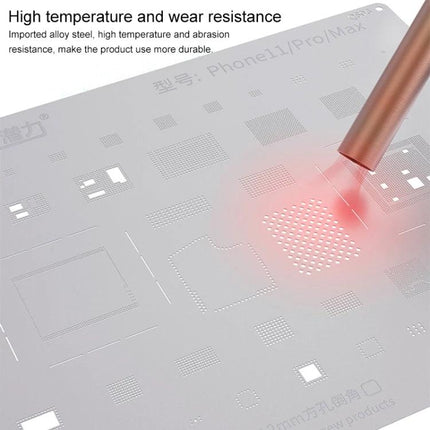 Qianli Bumblebee Stencil for iPhone 11 Series Repairs showing square hole alignment grid and heated soldering tip for precise IC/BGA placement