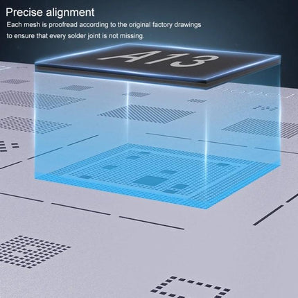 Qianli Bumblebee Stencil for iPhone 11 Series Repairs showing precise IC alignment and square hole mesh for accurate BGA placement