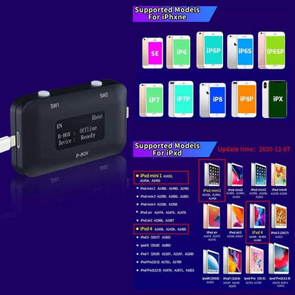 B-BOX iPhone Programming Tool with Screen for Models 7-11 compact 1.3-inch OLED device for entering recovery mode and quick adjustments