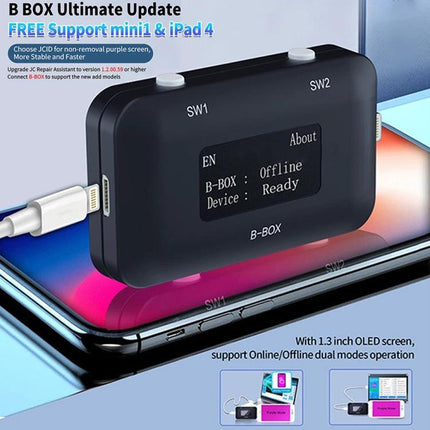 B-BOX iPhone Programming Tool with Screen for Models 7-11 compact unit with 1.3-inch OLED screen showing device ready status