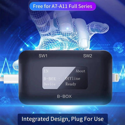 B-BOX iPhone Programming Tool with Screen for Models 7-11 compact 1.3-inch OLED device showing Ready status for technicians