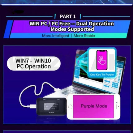 B-BOX iPhone Programming Tool with Screen for Models 7-11 showing compact 1.3-inch OLED, laptop connection and phone in Purple Mode