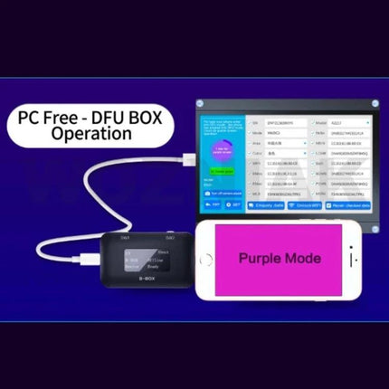 B-BOX iPhone Programming Tool with Screen for Models 7-11 showing OLED unit connected to iPhone in Purple Mode and tablet interface for DFU box operation